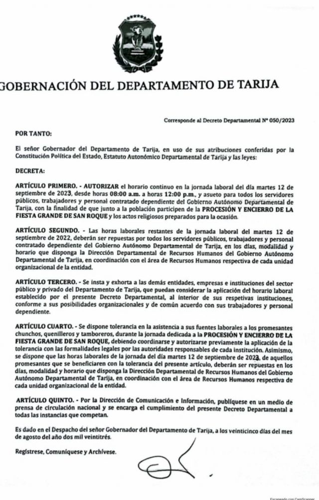 Gobernación de Tarija dispone horario continuo y exhorta a Instituciones a considerarlo