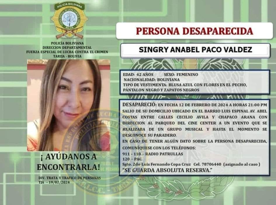 Despliegan efectivos policiales para buscar a mujer desaparecida en Tarija