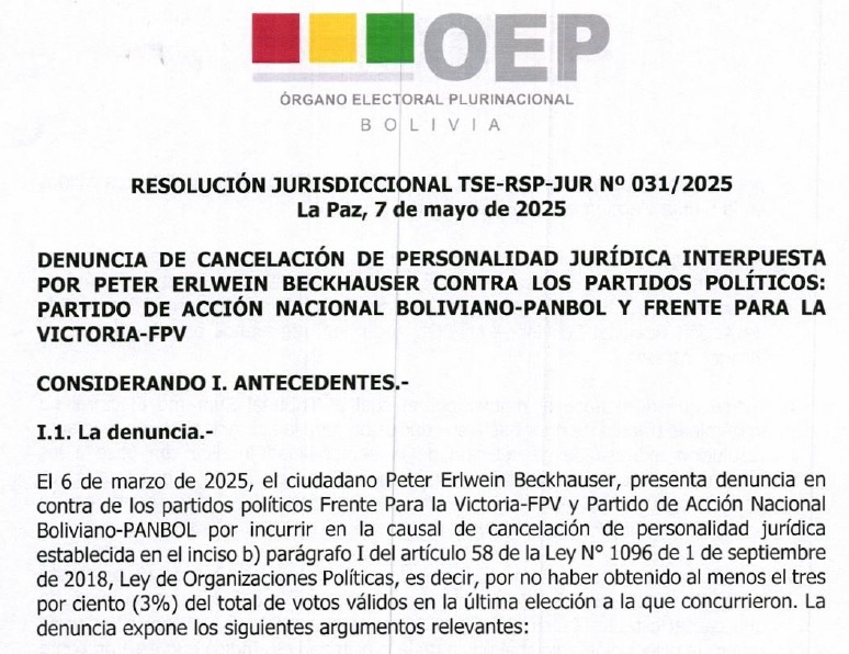La Sala Constitucional de Bolivia ordena al TSE revisar la cancelación del PAN-BOL La Sala Constitucional de Bolivia ordena al TSE revisar la cancelación del PAN-BOL