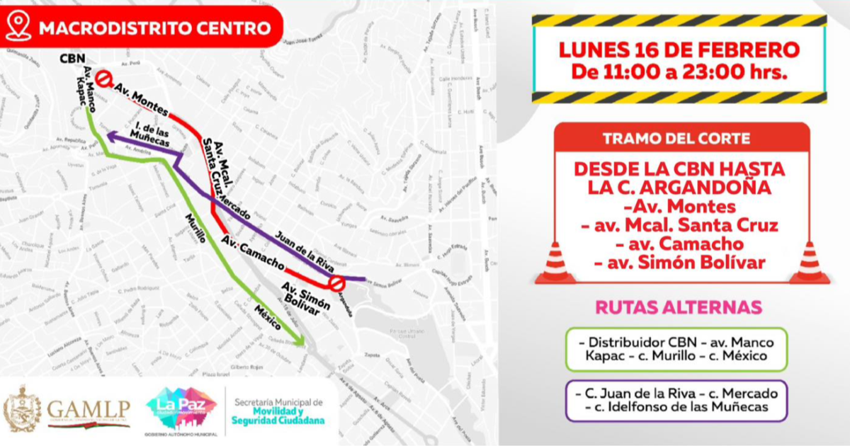 La Alcaldía de La Paz cierra vías del centro hasta las 23 horas de este lunes