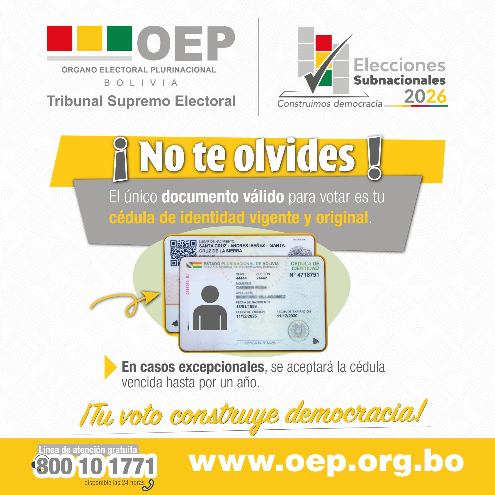 Cédula de identidad es el único documento válido para votar en las Subnacionales 2026