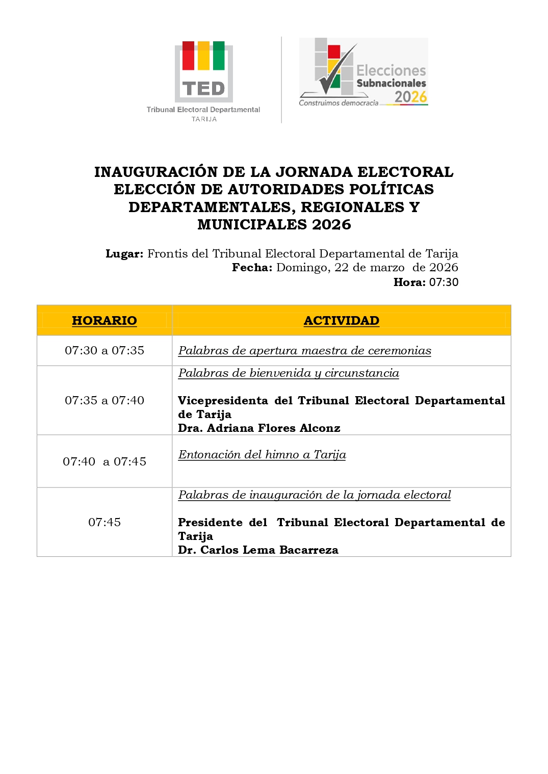 TED Tarija realizará la inauguración de la jornada electoral este 22 de marzo