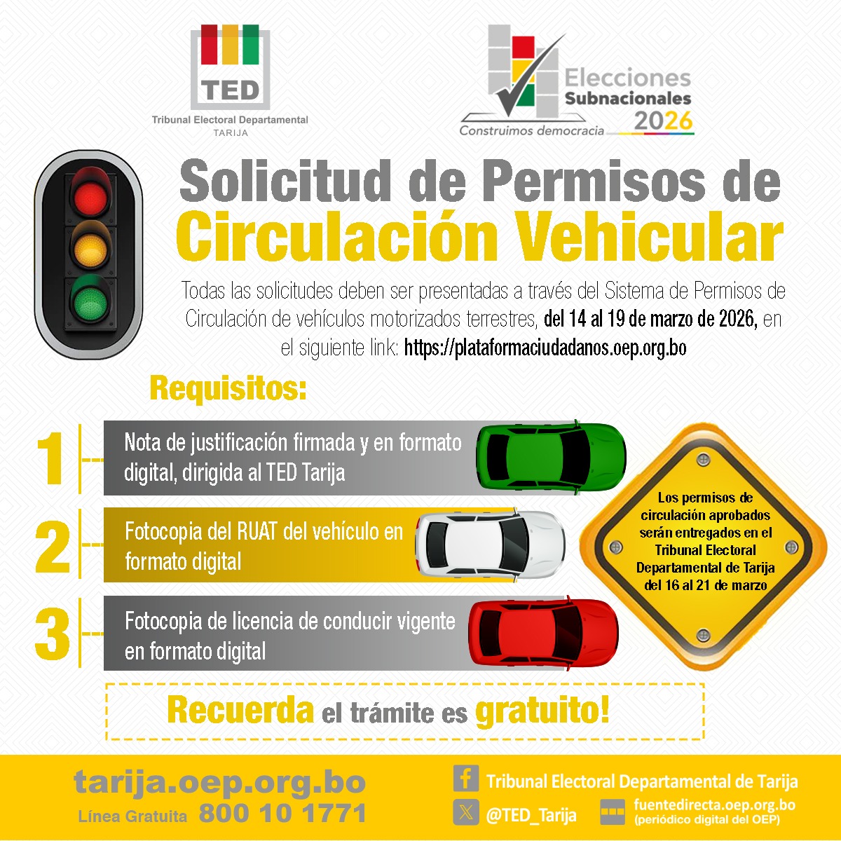 TED Tarija habilita solicitud de permisos de circulación vehicular para elecciones subnacionales 2026