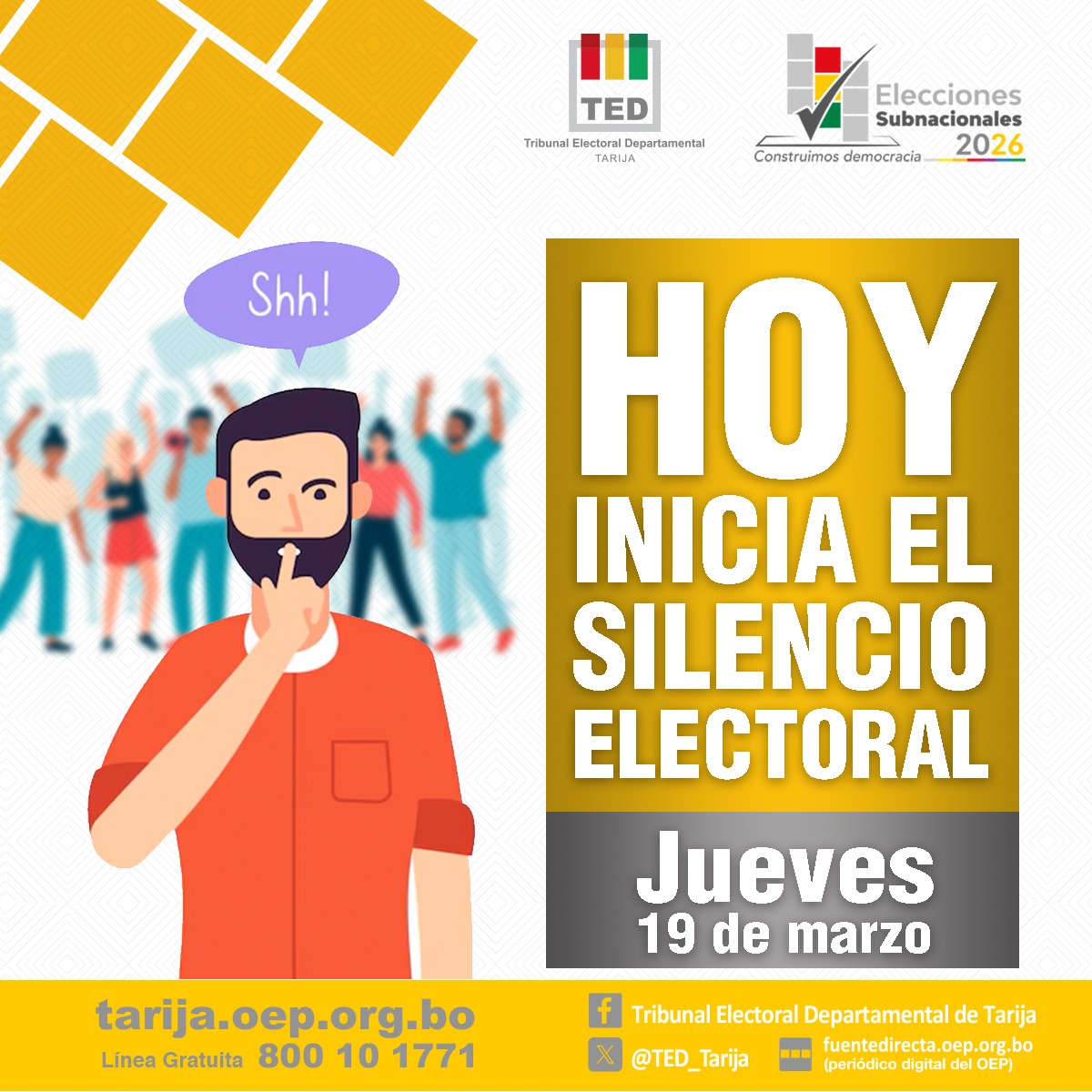 Entra en vigencia el silencio electoral en Tarija desde el 19 de marzo