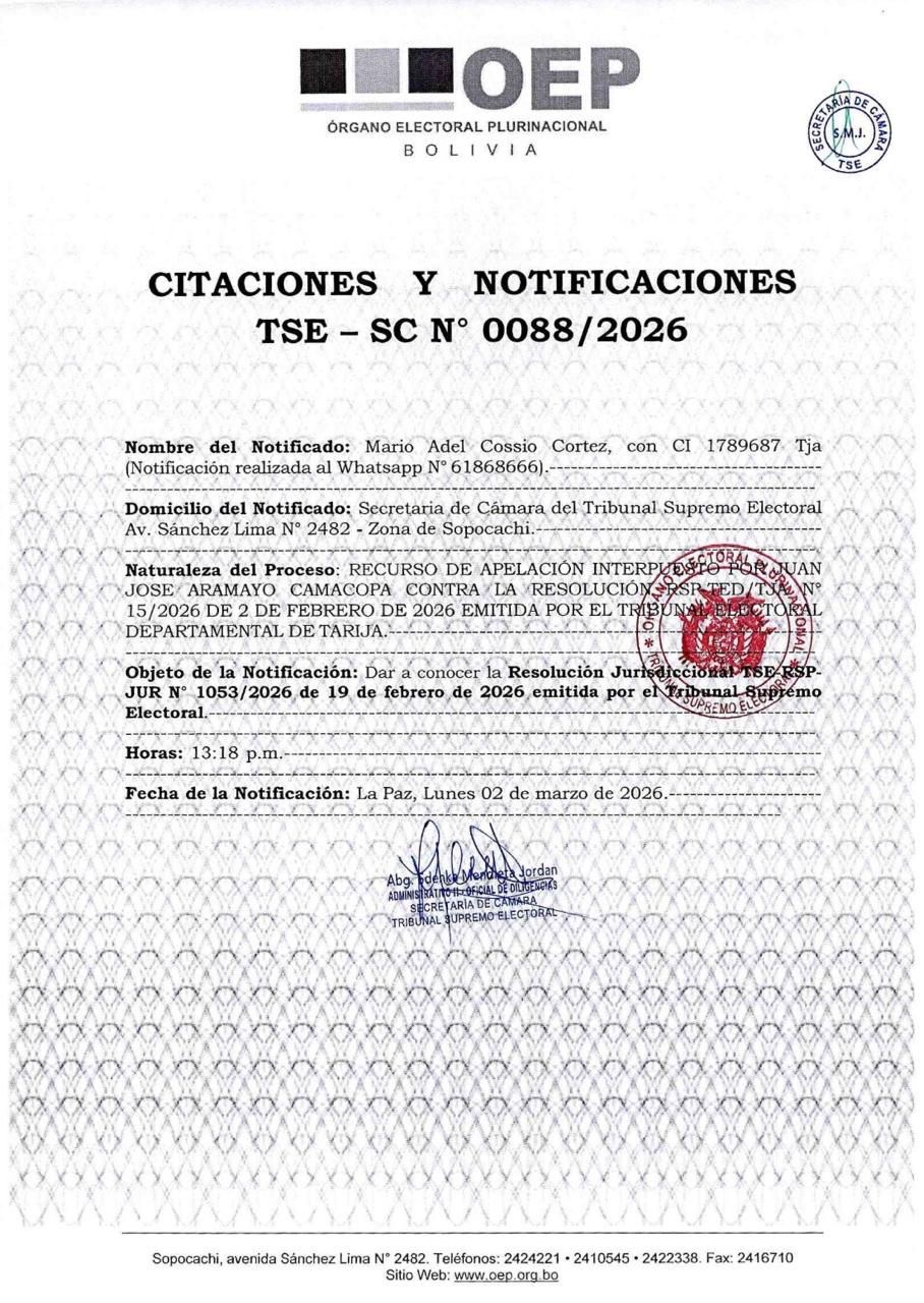 El TSE notifica a Mario Cossio con resolución de inhabilitación por residencia