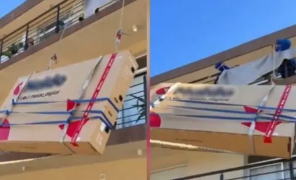 Familia eleva televisor de 100 pulgadas por el balcón y sorprende en redes sociales